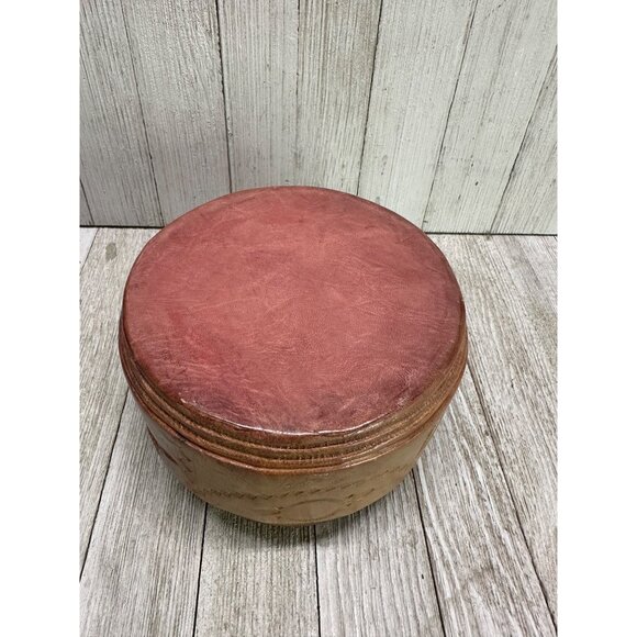 Vintage Leatherbound Decorative Symbols Storage Trinket Box 5" Diameter with Lid - Picture 8 of 12
